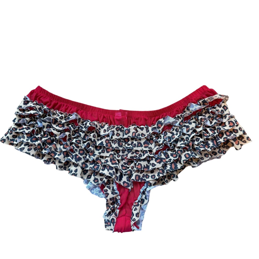 Red Leopard Print Ruffle Mesh Cheeky Panties Low Rise Animal Print Size M